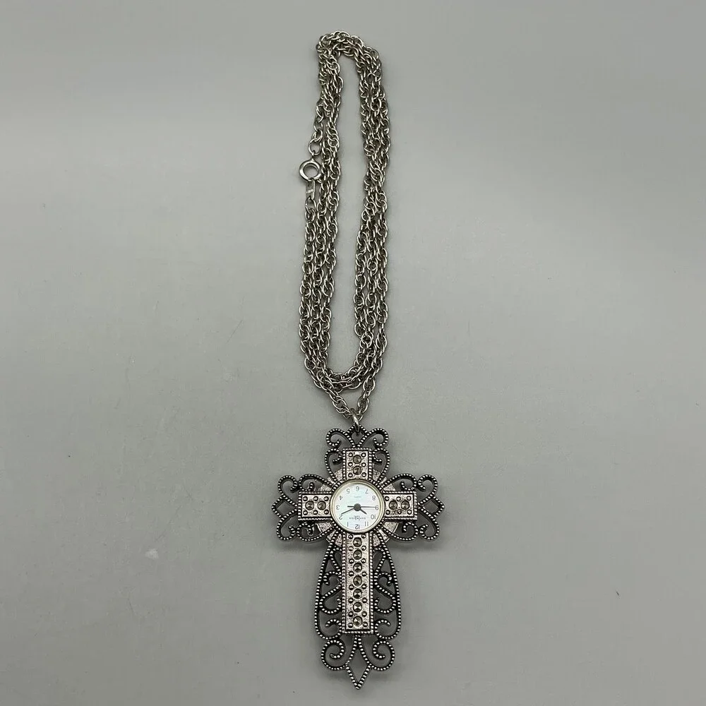 LA Express Womens Watch 44mm Cross Pendant Necklace Silver Tone New Battery